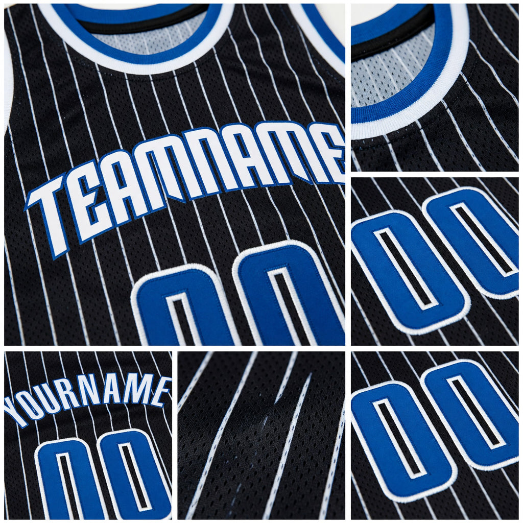 Custom Black White Pinstripe Royal-White Authentic Basketball Jersey detail