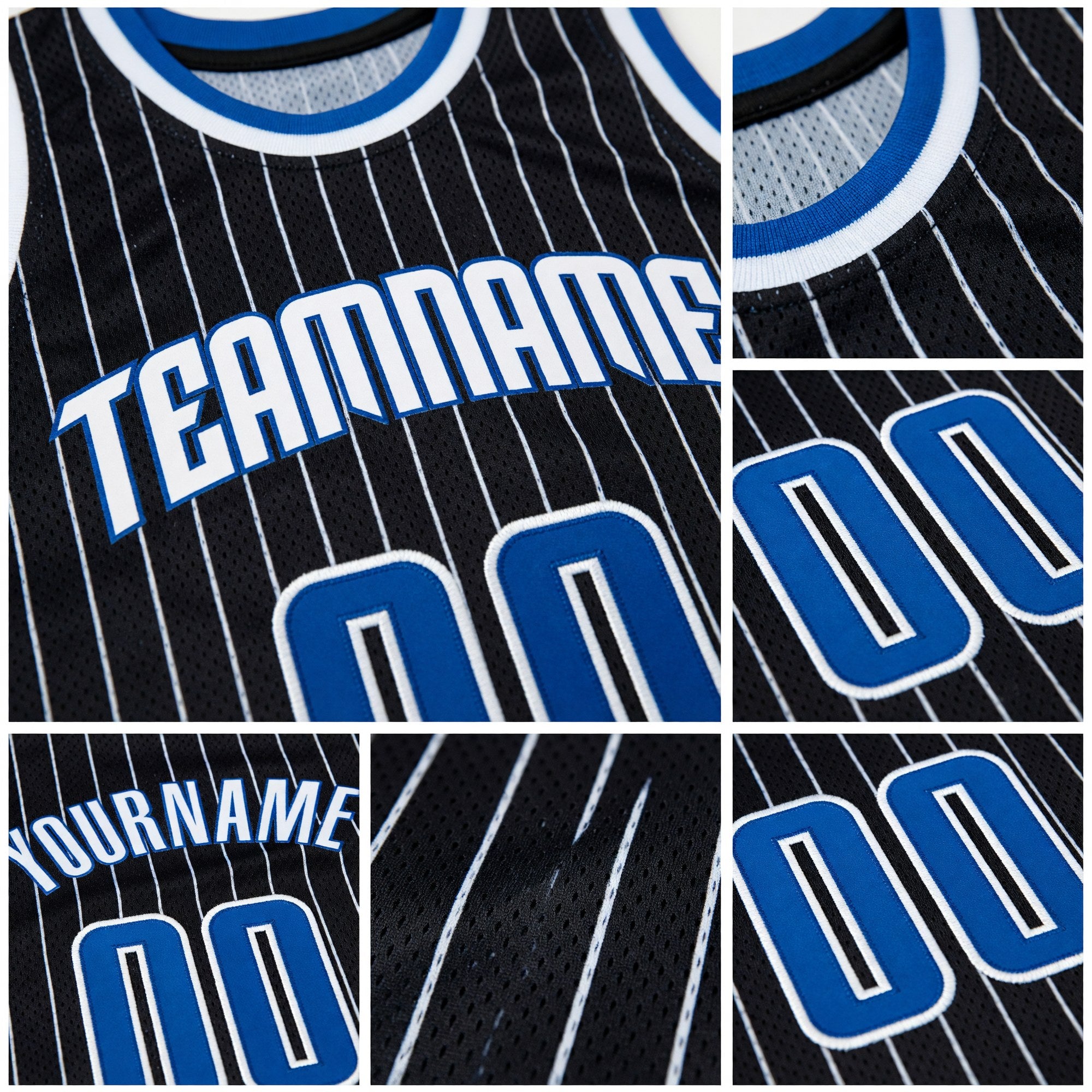 Custom Black White Pinstripe Royal-White Authentic Basketball Jersey detail