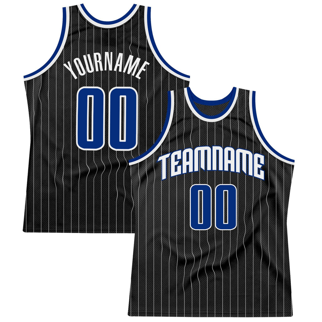Custom Black White Pinstripe Royal-White Authentic Basketball Jersey photo 1