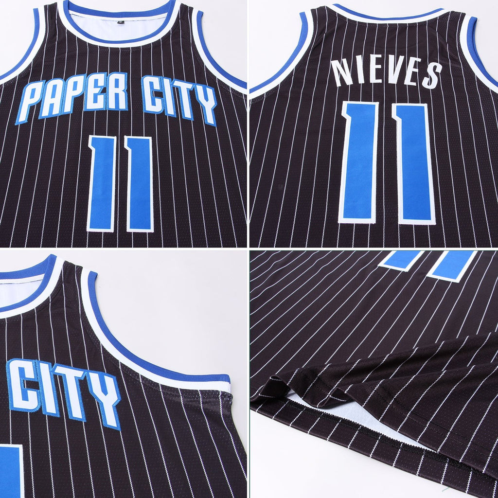 Custom Black White Pinstripe Royal-White Authentic Basketball Jersey photo 4