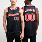 Custom Black White Pinstripe Orange-White Authentic Basketball Jersey worn front and back