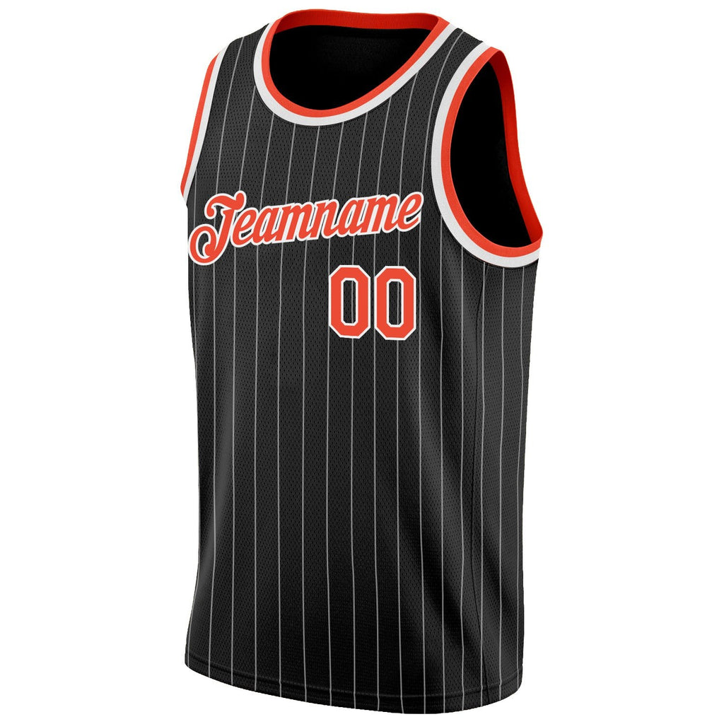 Custom Black White Pinstripe Orange-White Authentic Basketball Jersey photo 4