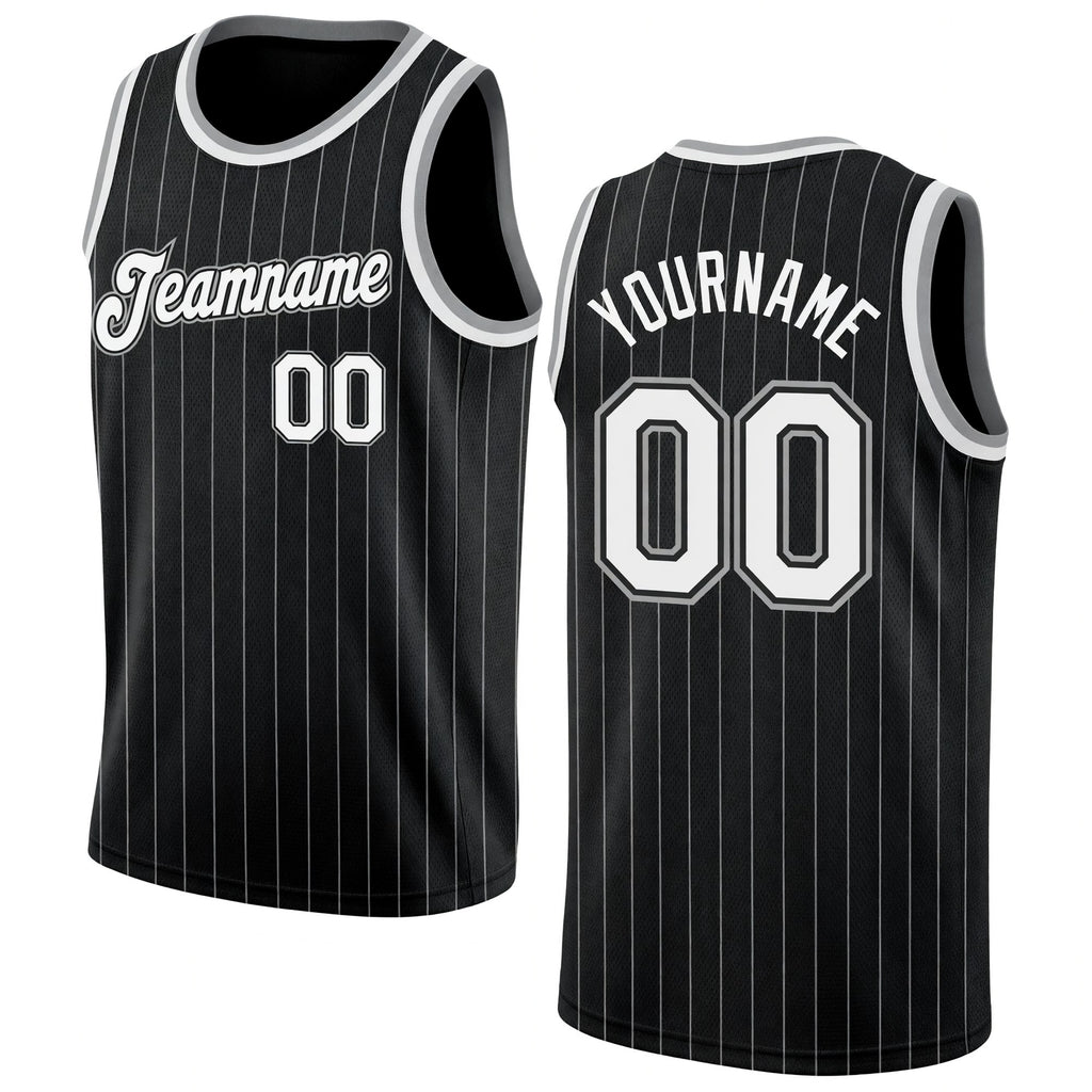 Custom Black White Pinstripe White-Gray Authentic Basketball Jersey