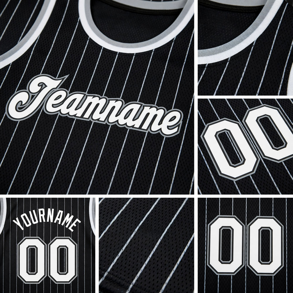 Custom Black White Pinstripe White-Gray Authentic Basketball Jersey detail