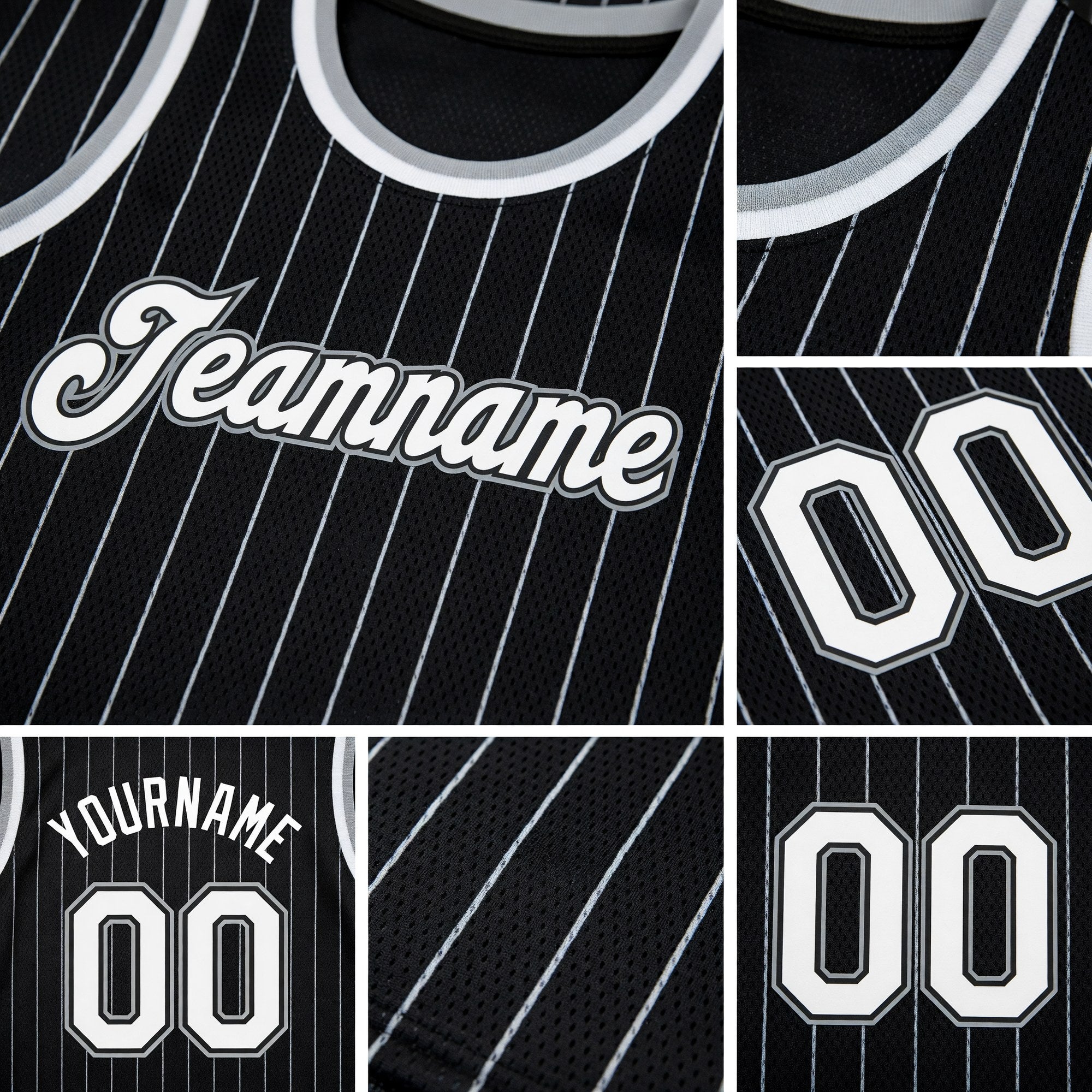 Custom Black White Pinstripe White-Gray Authentic Basketball Jersey detail