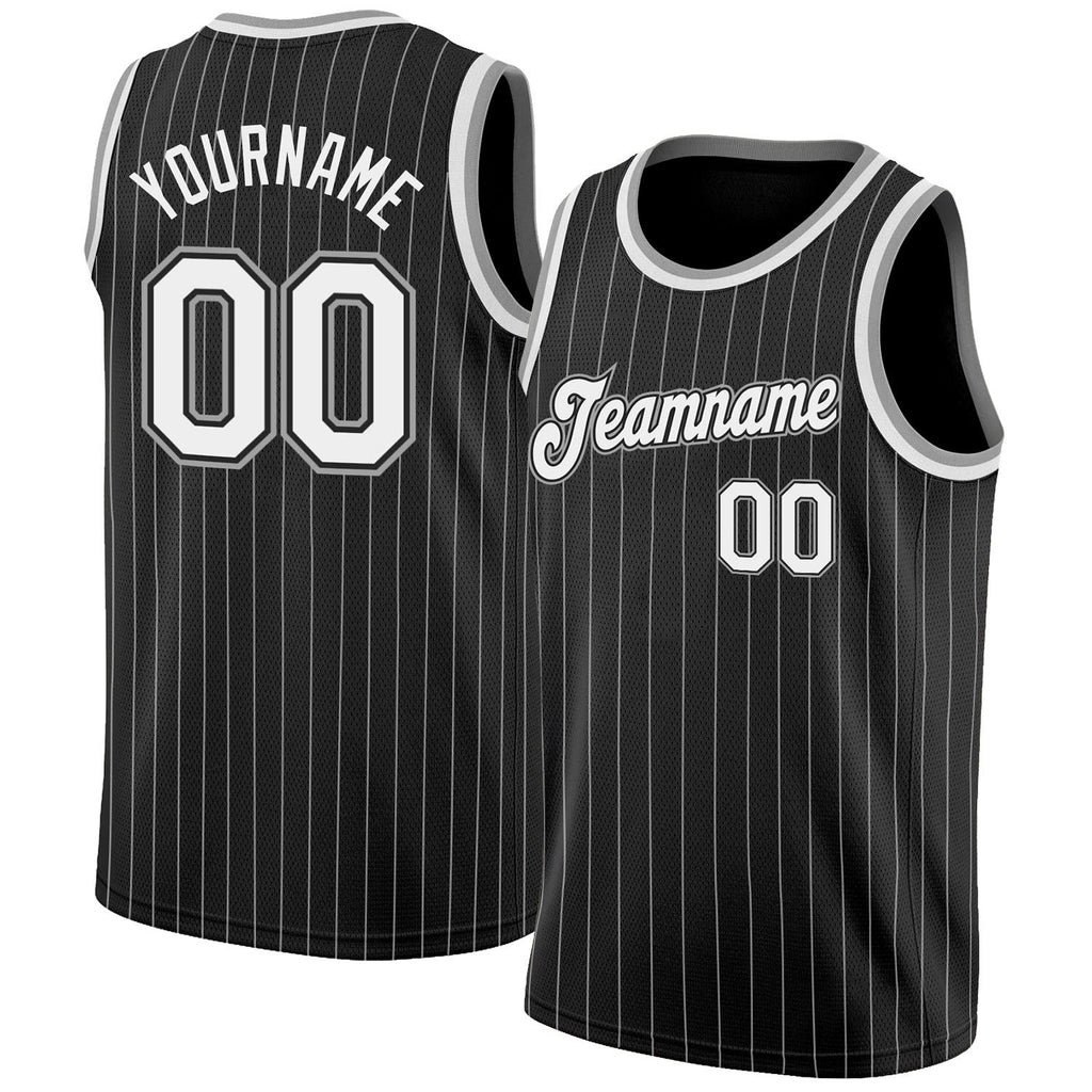 Custom Black White Pinstripe White-Gray Authentic Basketball Jersey photo 1