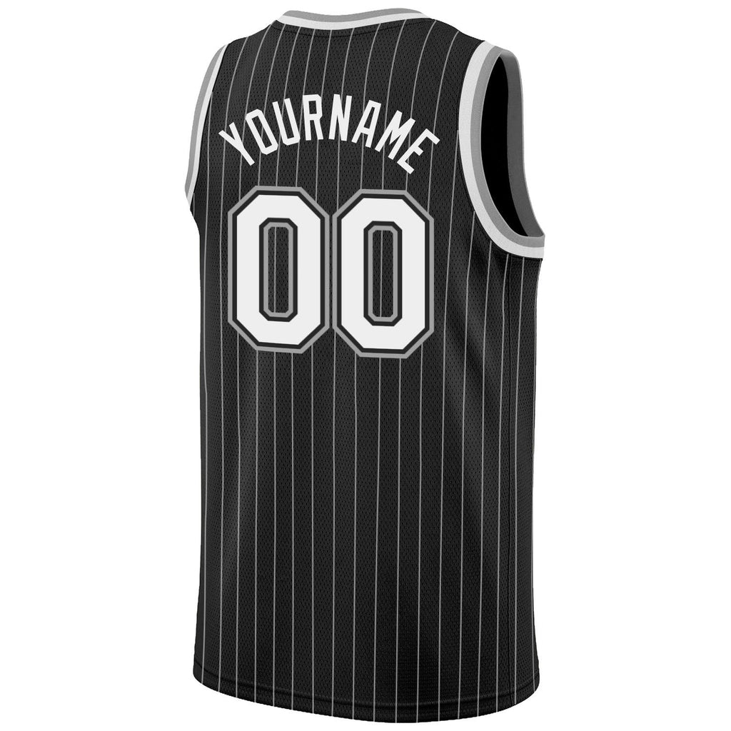 Custom Black White Pinstripe White-Gray Authentic Basketball Jersey photo 5