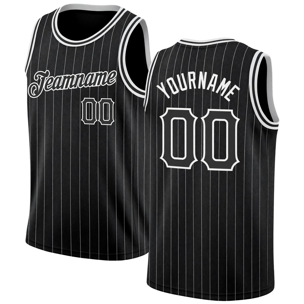 Custom Black White Pinstripe Black-White Authentic Basketball Jersey
