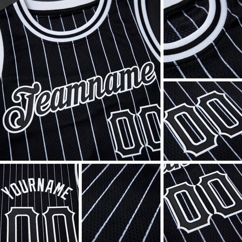 Custom Black White Pinstripe Black-White Authentic Basketball Jersey detail