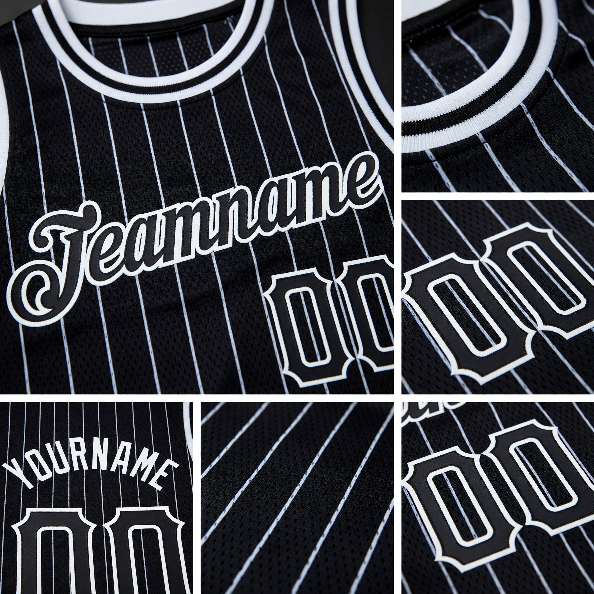 Custom Black White Pinstripe Black-White Authentic Basketball Jersey detail
