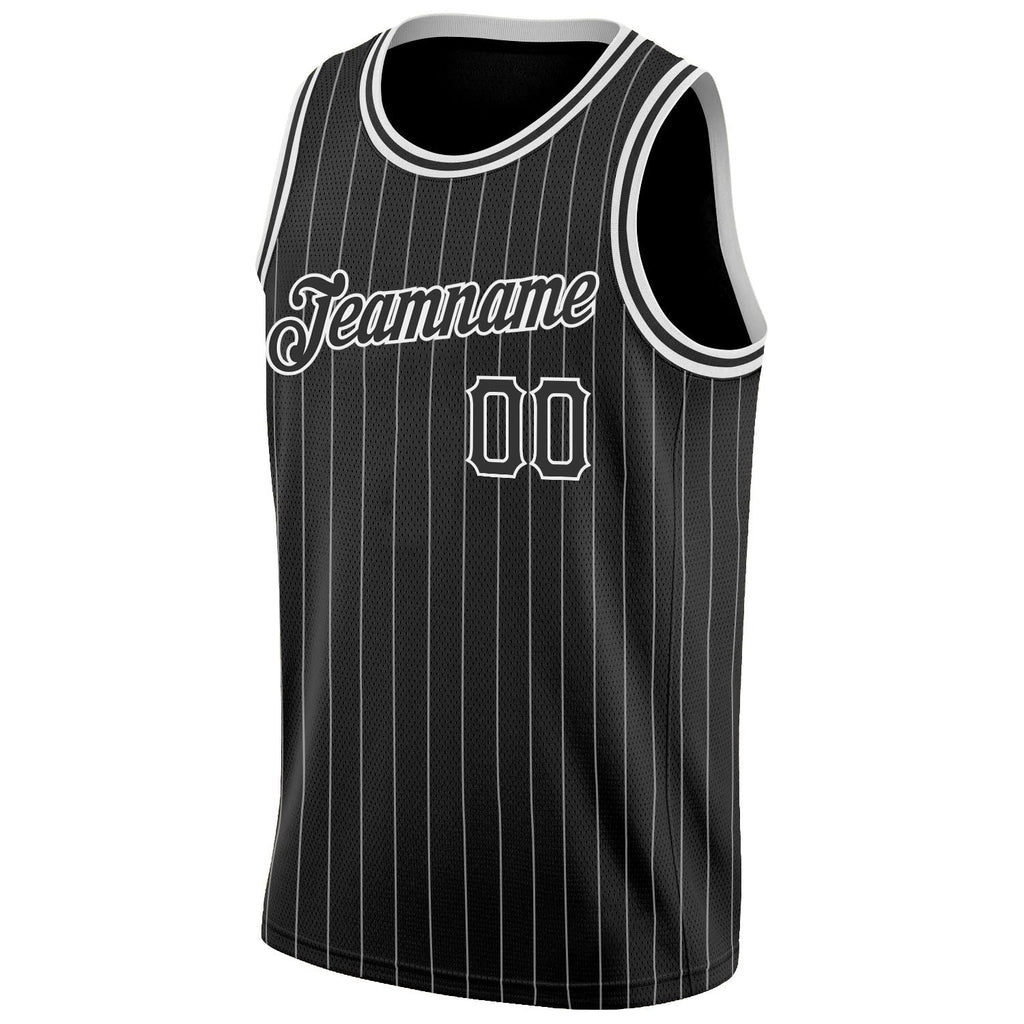 Custom Black White Pinstripe Black-White Authentic Basketball Jersey photo 4