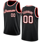 Custom Black White Pinstripe White-Red Authentic Basketball Jersey