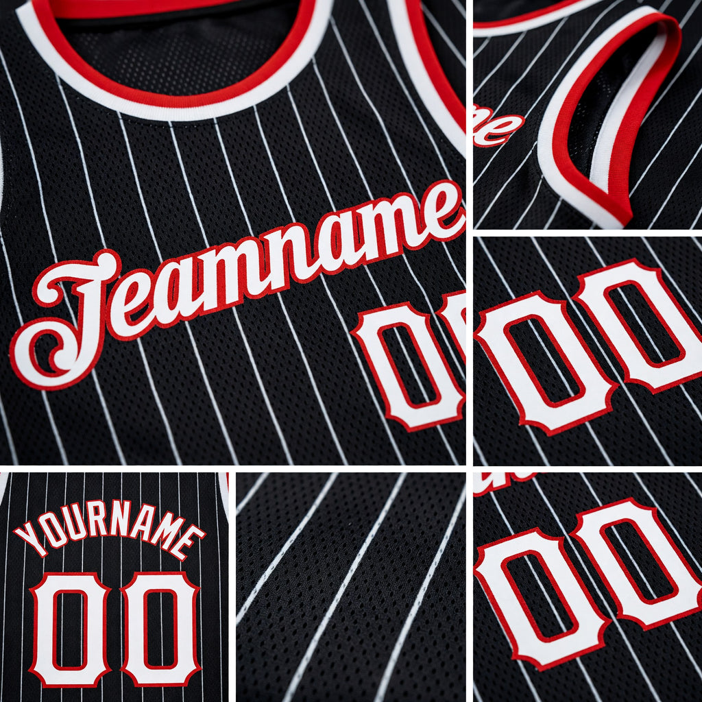 Custom Black White Pinstripe White-Red Authentic Basketball Jersey detail