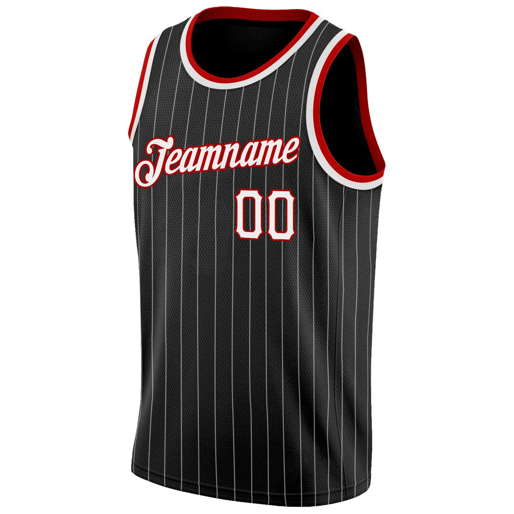 Custom Black White Pinstripe White-Red Authentic Basketball Jersey photo 4