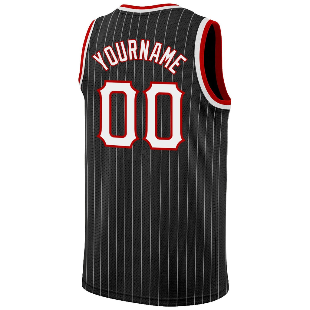 Custom Black White Pinstripe White-Red Authentic Basketball Jersey photo 5