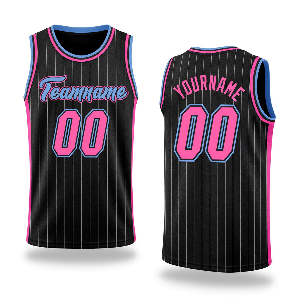 Custom Black White Pinstripe Pink-Light Blue Authentic Basketball Jersey