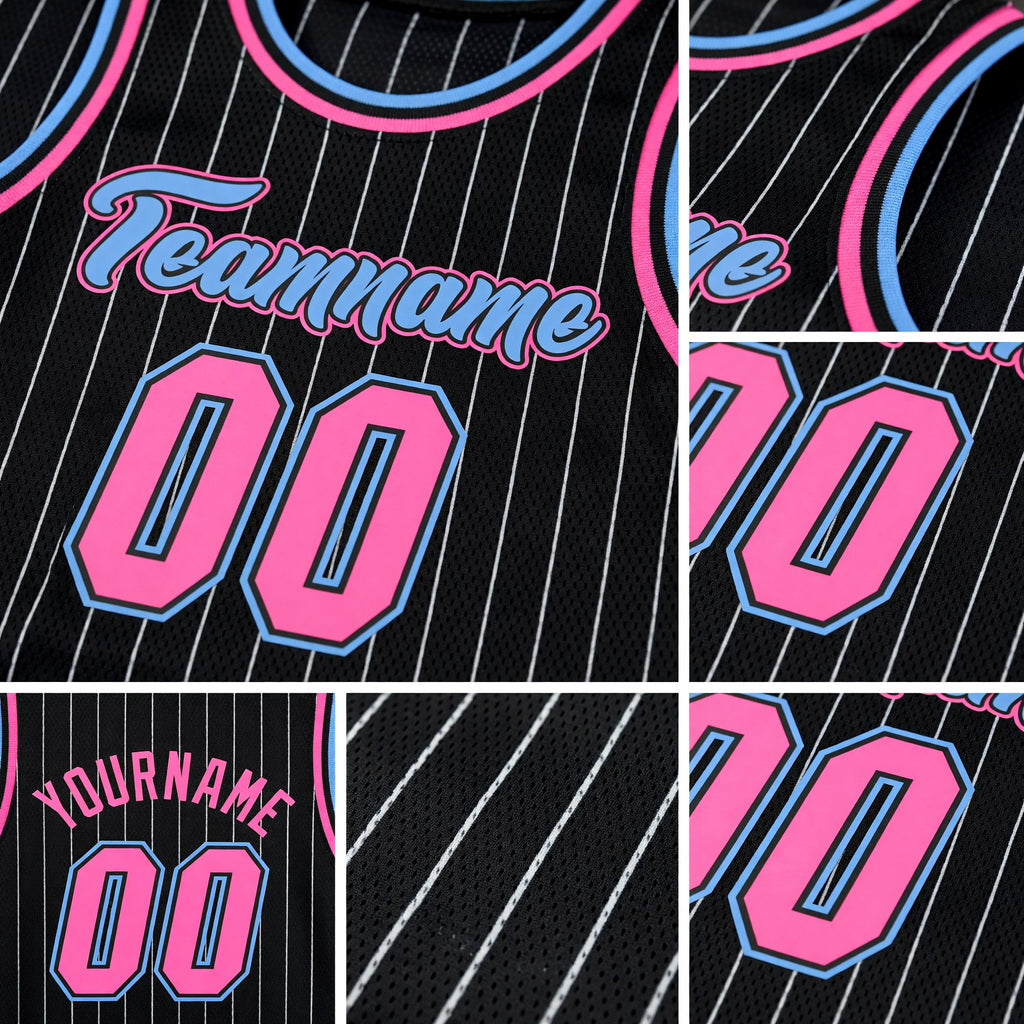 Custom Black White Pinstripe Pink-Light Blue Authentic Basketball Jersey detail