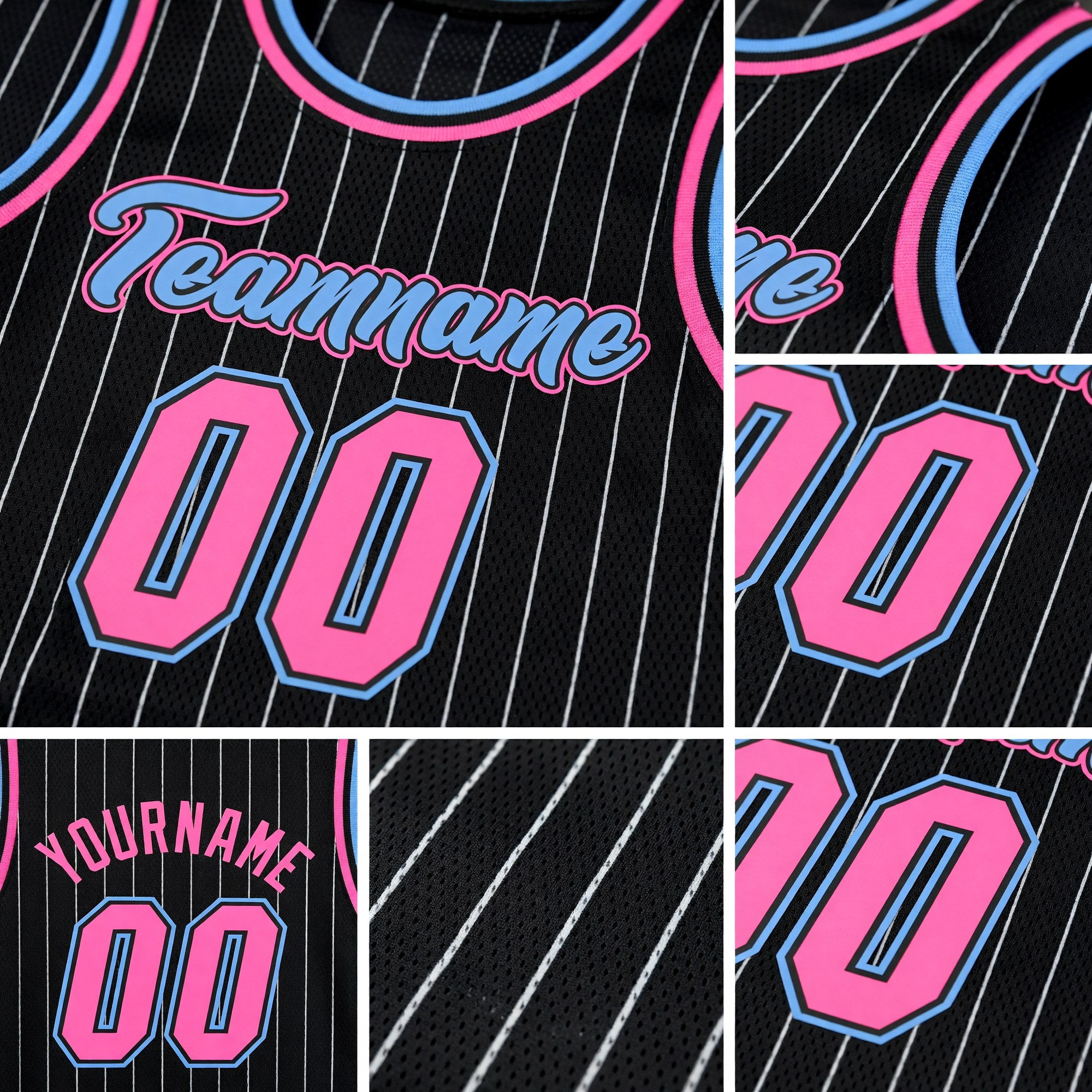 Custom Black White Pinstripe Pink-Light Blue Authentic Basketball Jersey detail