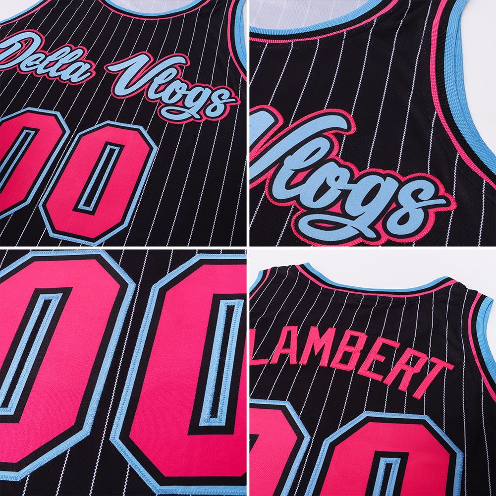 Custom Black White Pinstripe Pink-Light Blue Authentic Basketball Jersey photo 2