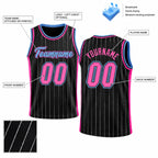 Custom Black and White Pinstripe Authentic Basketball Jersey with Pink and Light Blue Lettering customization guide