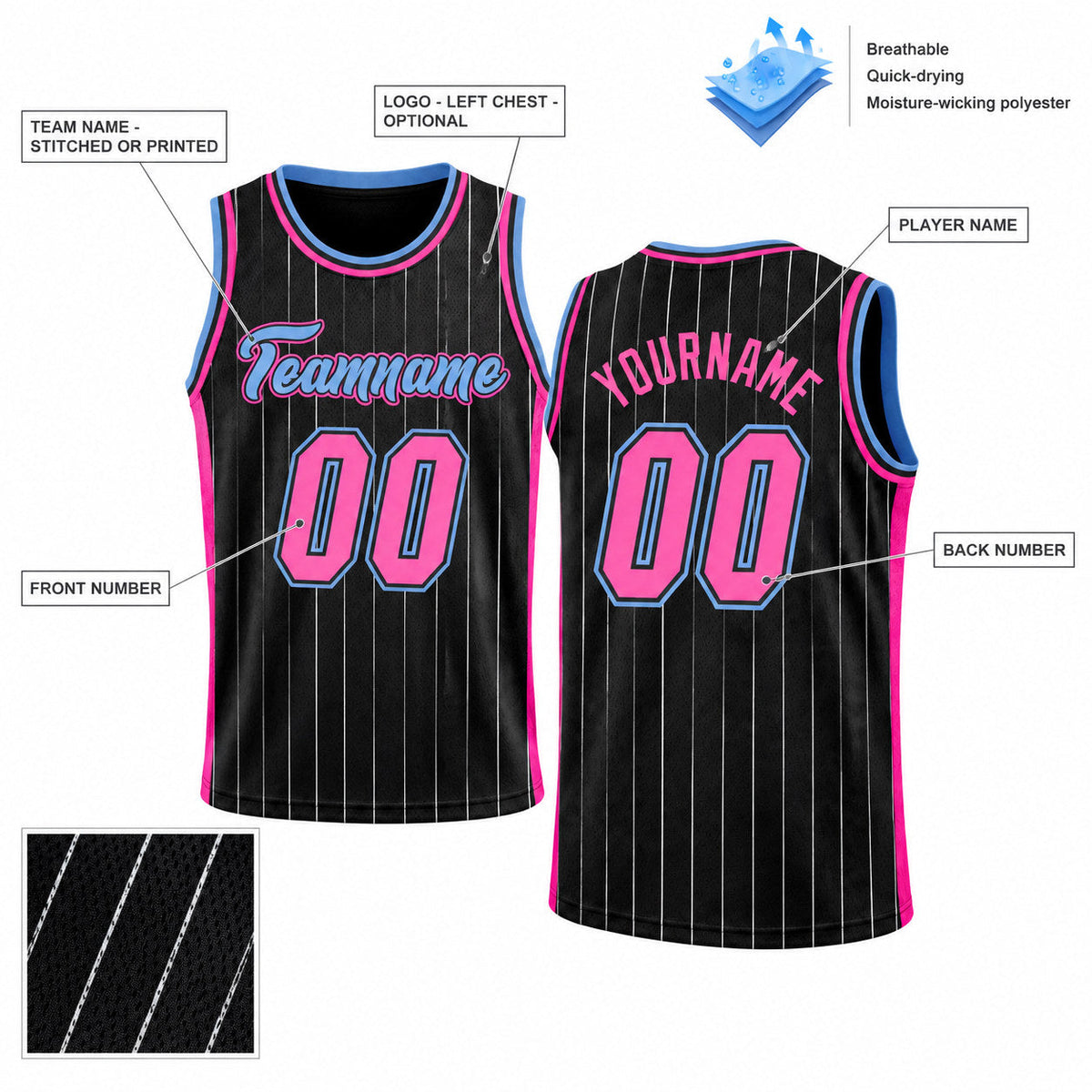 Custom Black and White Pinstripe Authentic Basketball Jersey with Pink and Light Blue Lettering customization guide
