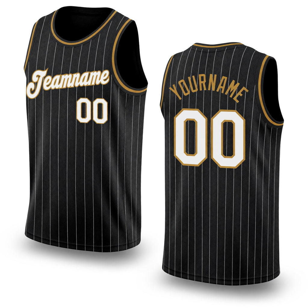 Custom Black White Pinstripe White-Old Gold Authentic Basketball Jersey