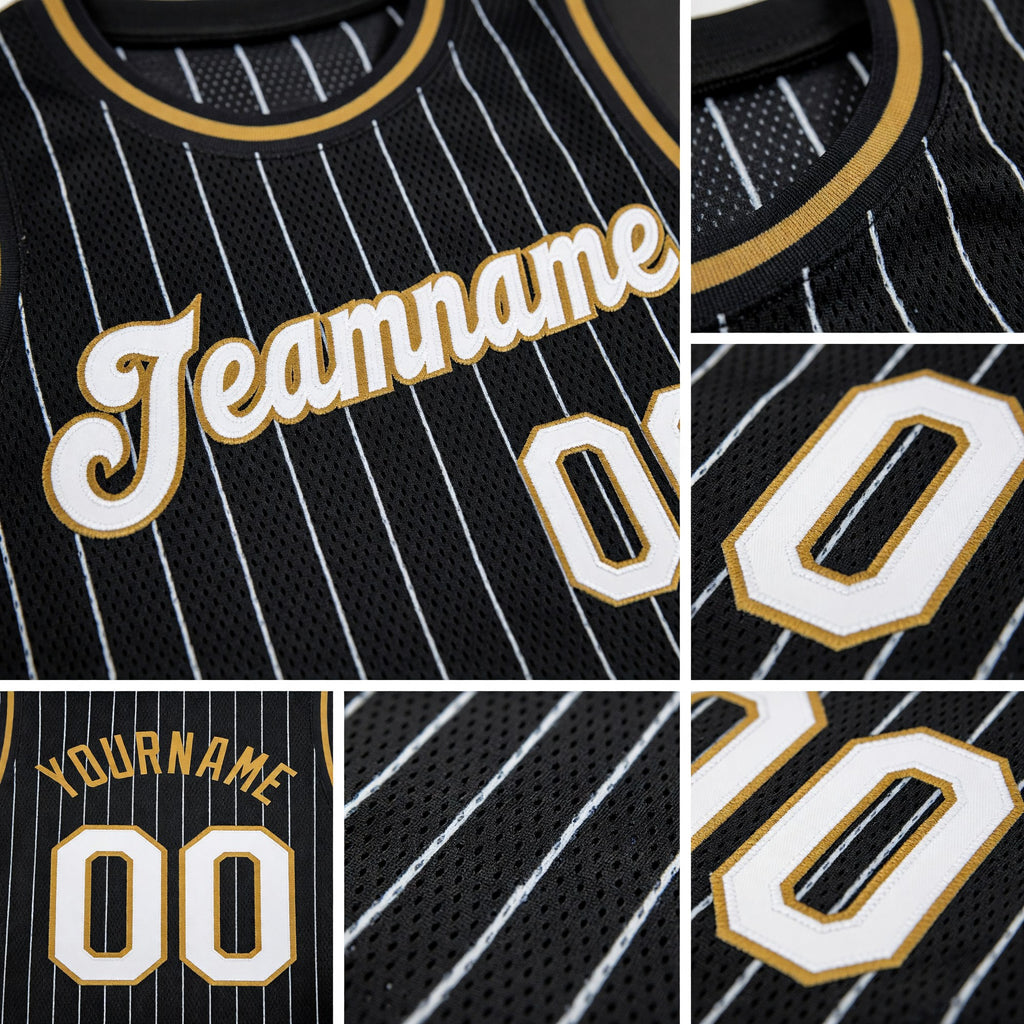 Custom Black White Pinstripe White-Old Gold Authentic Basketball Jersey detail
