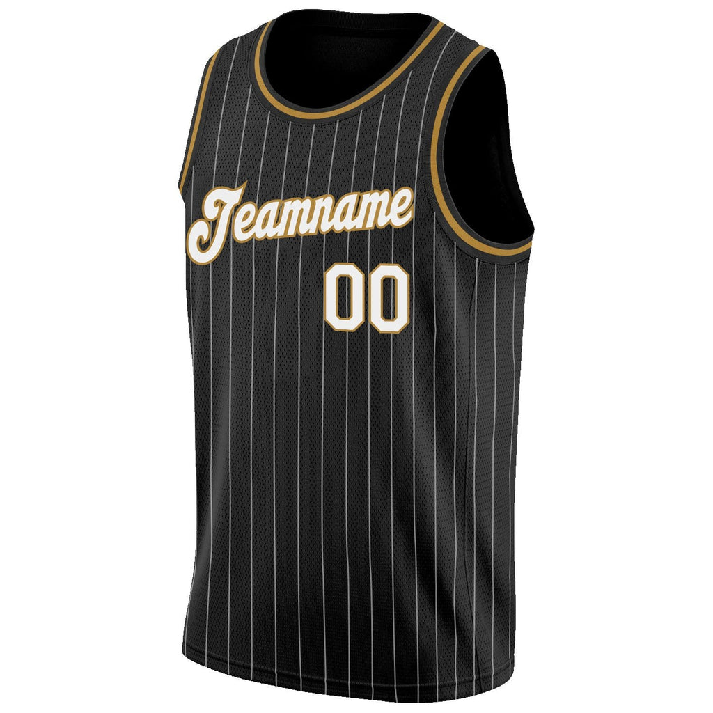 Custom Black White Pinstripe White-Old Gold Authentic Basketball Jersey photo 4
