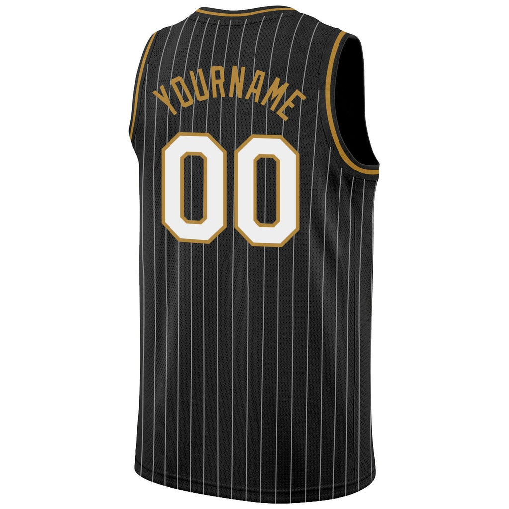 Custom Black White Pinstripe White-Old Gold Authentic Basketball Jersey photo 5