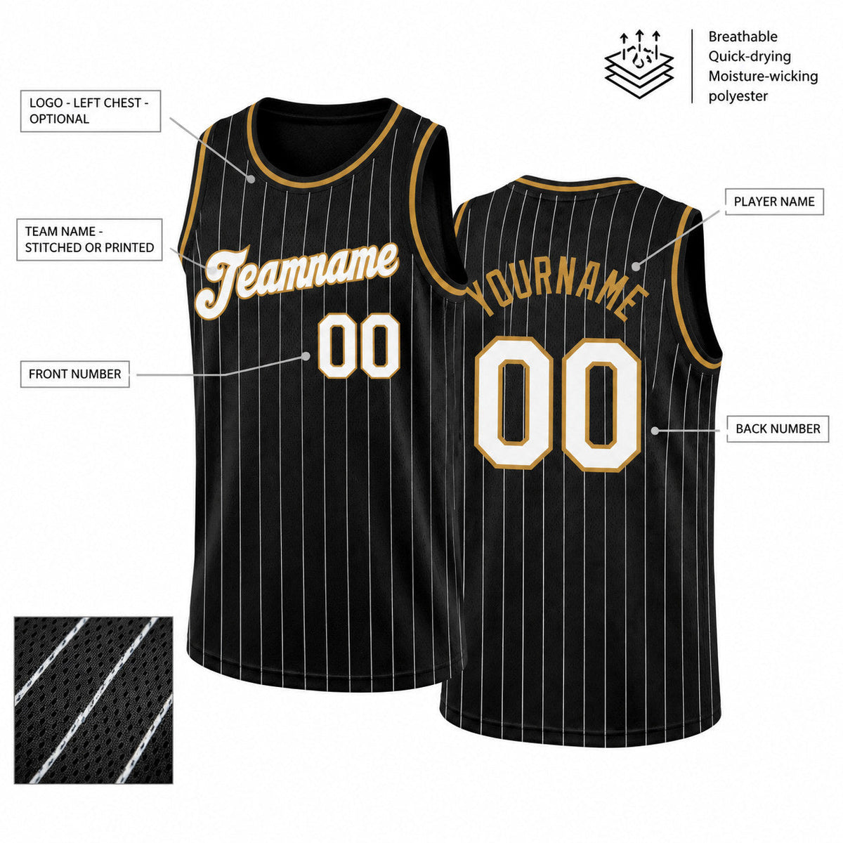 Custom Black and White Pinstripe Authentic Basketball Jersey with White and Old Gold Lettering customization guide