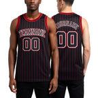 Custom Black Red Pinstripe Black-White Authentic Basketball Jersey worn front and back