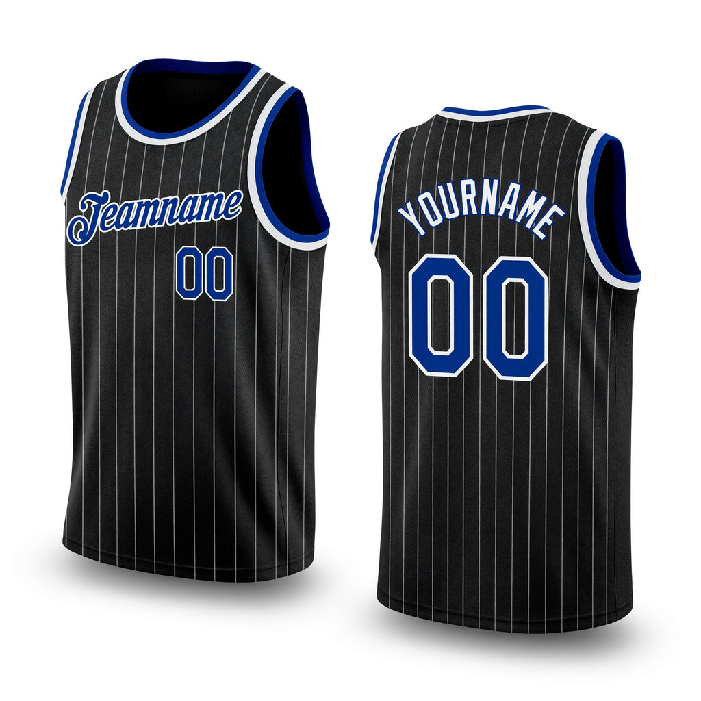 Custom Black White Pinstripe Royal-White Authentic Basketball Jersey