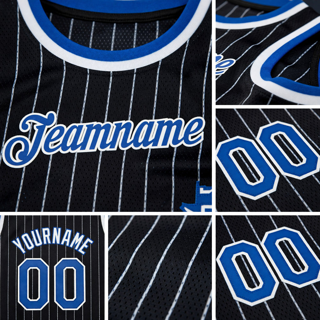 Custom Black White Pinstripe Royal-White Authentic Basketball Jersey detail