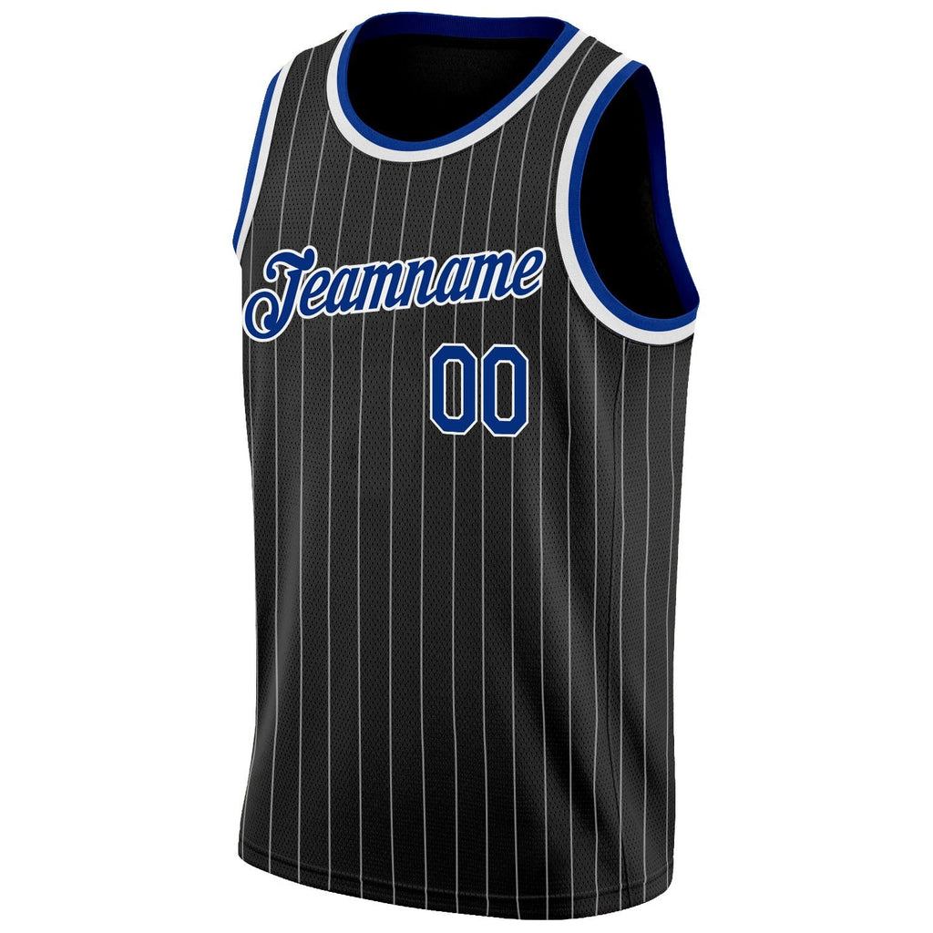 Custom Black White Pinstripe Royal-White Authentic Basketball Jersey photo 4
