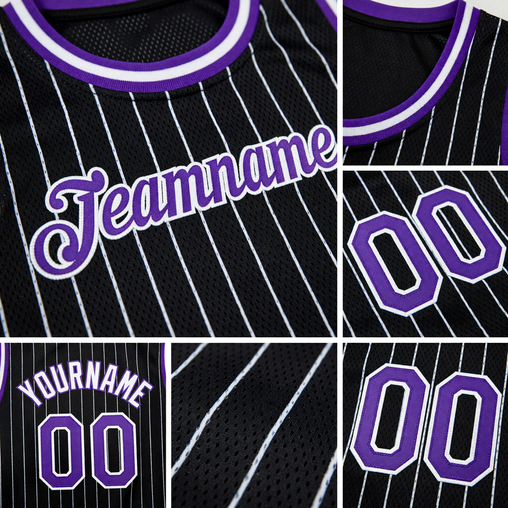 Custom Black White Pinstripe Purple-White Authentic Basketball Jersey detail