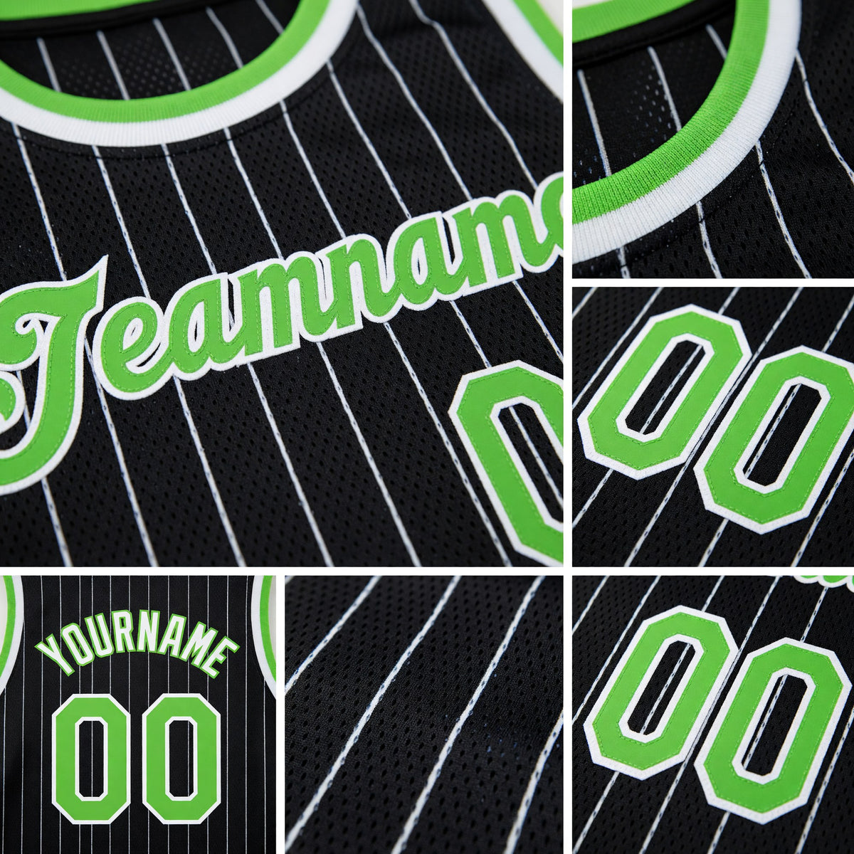 Custom Black White Pinstripe Neon Green-White Authentic Basketball Jersey detail