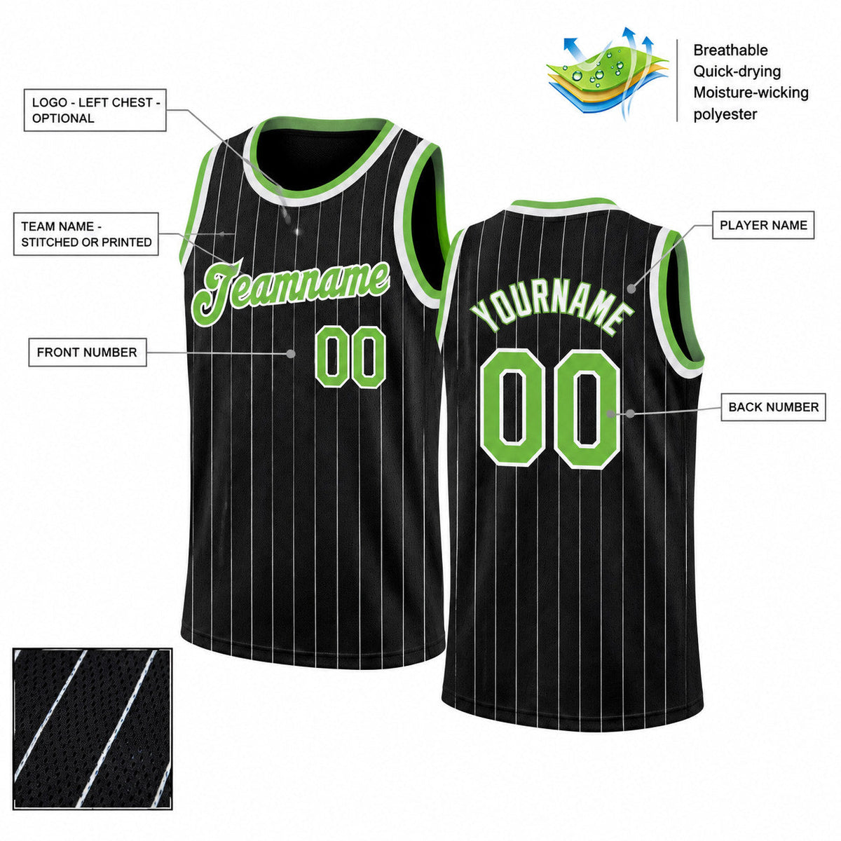 Custom Black and White Pinstripe Authentic Basketball Jersey with Neon Green and White Lettering Design 0505 customization guide