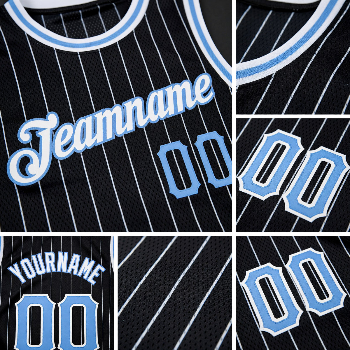 Custom Black White Pinstripe Light Blue-White Authentic Basketball Jersey detail