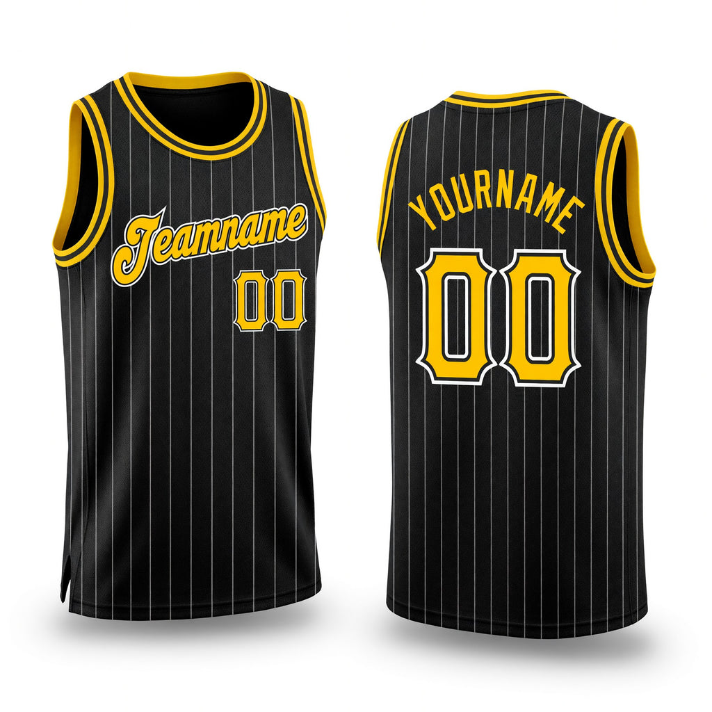 Custom Black White Pinstripe Gold-White Authentic Basketball Jersey