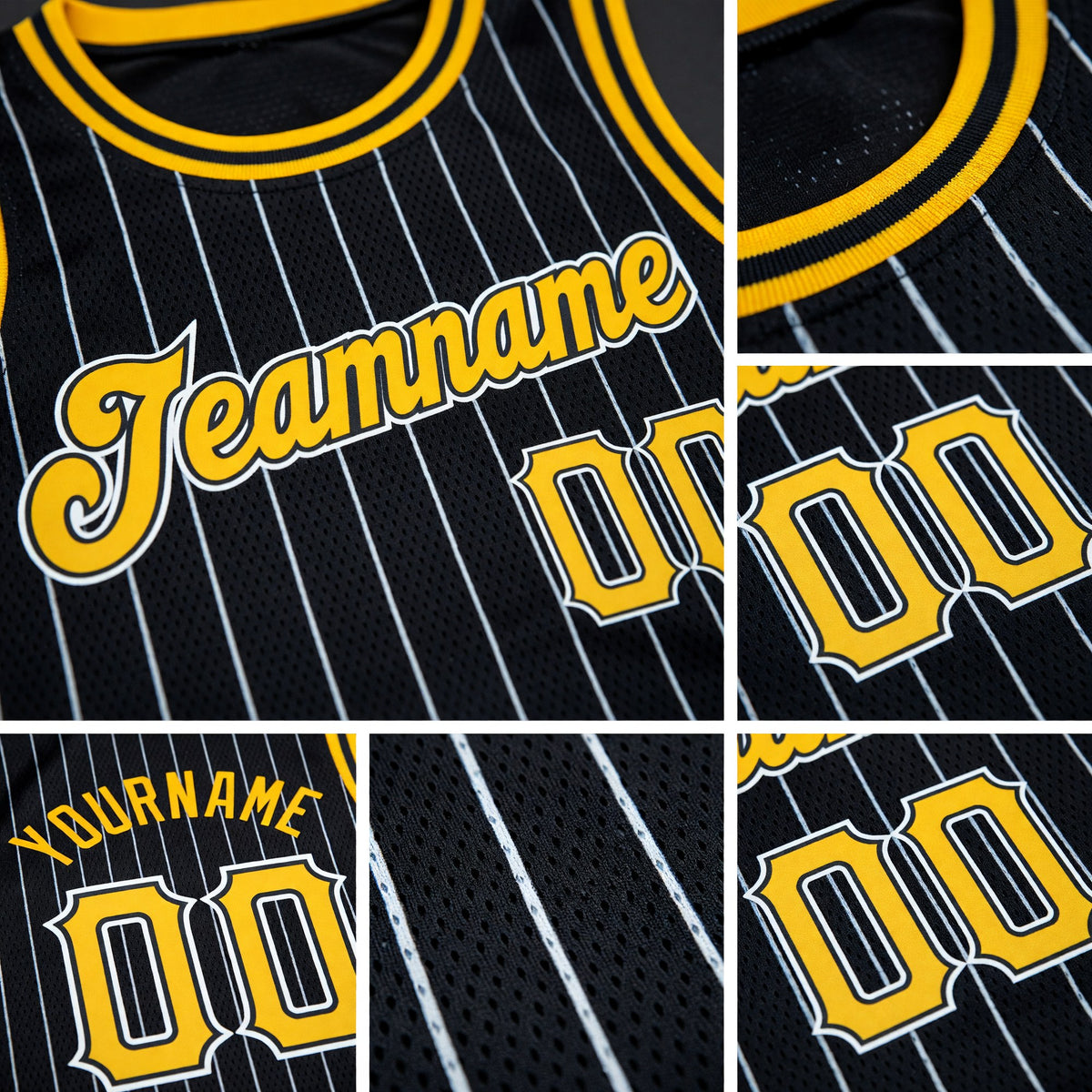 Custom Black White Pinstripe Gold-White Authentic Basketball Jersey detail