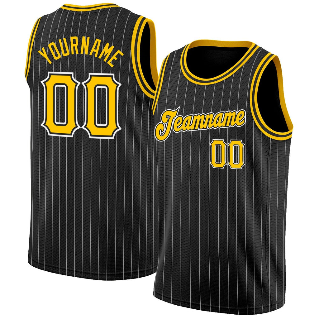 Custom Black White Pinstripe Gold-White Authentic Basketball Jersey photo 1