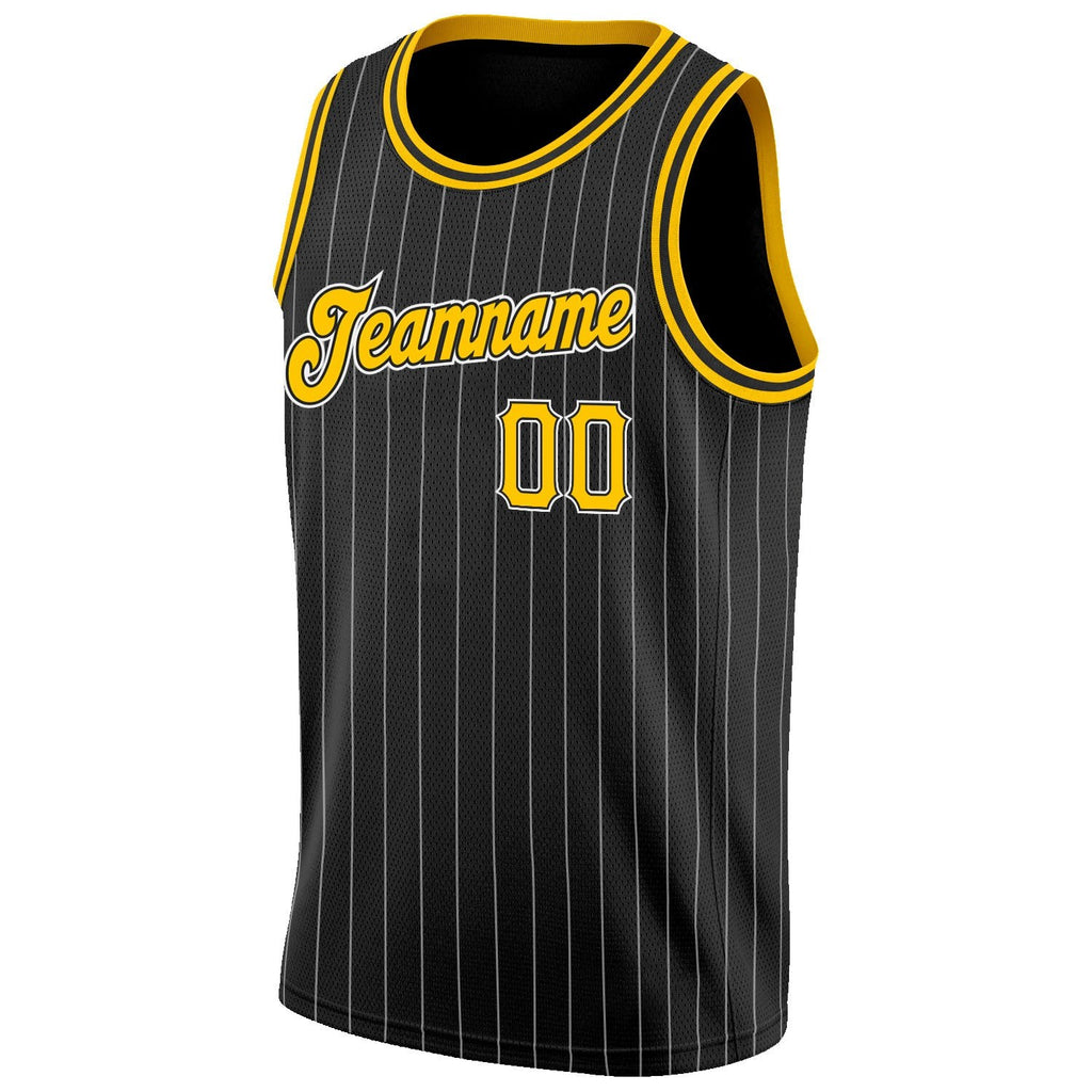 Custom Black White Pinstripe Gold-White Authentic Basketball Jersey photo 4