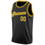 Custom Black White Pinstripe Gold-White Authentic Basketball Jersey photo 4