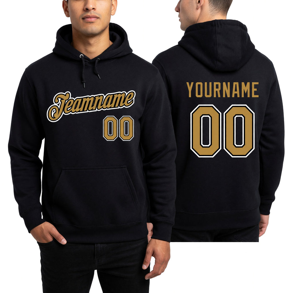 Custom Stitched Black Old Gold-White Sports Pullover Sweatshirt Hoodie worn front and back