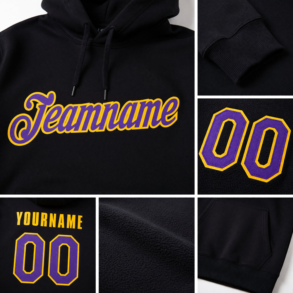 Custom Stitched Black Purple-Gold Sports Pullover Sweatshirt Hoodie detail
