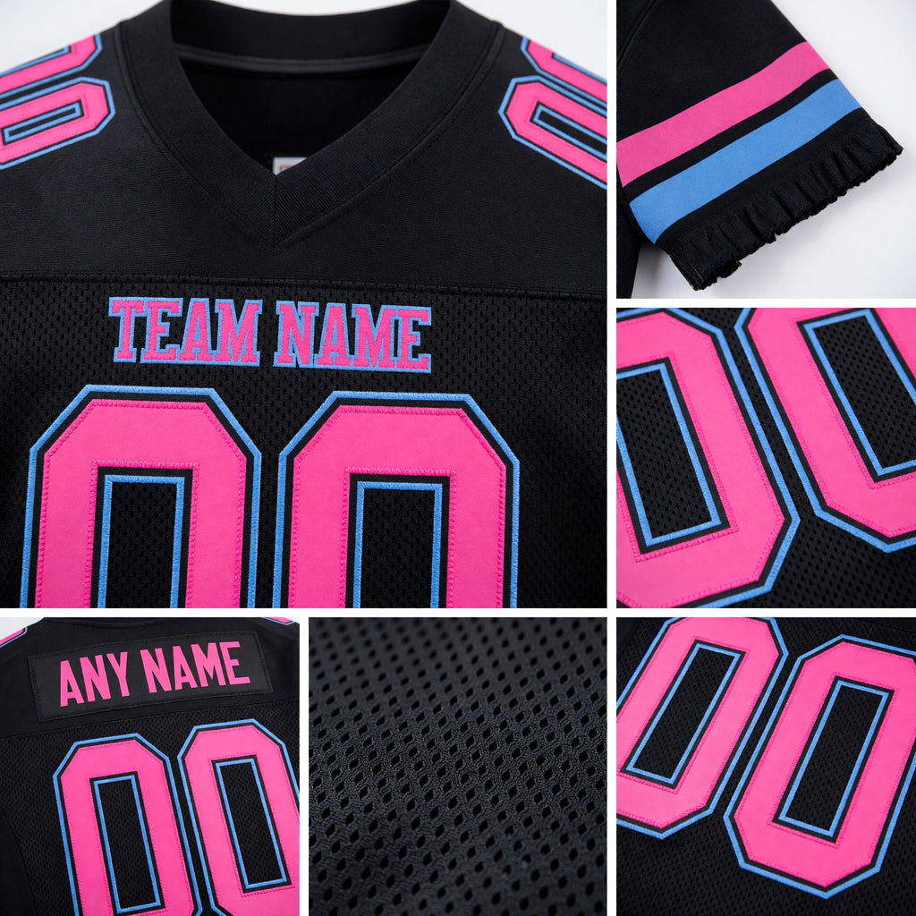 Custom Black Pink-Light Blue Mesh Authentic Football Jersey detail