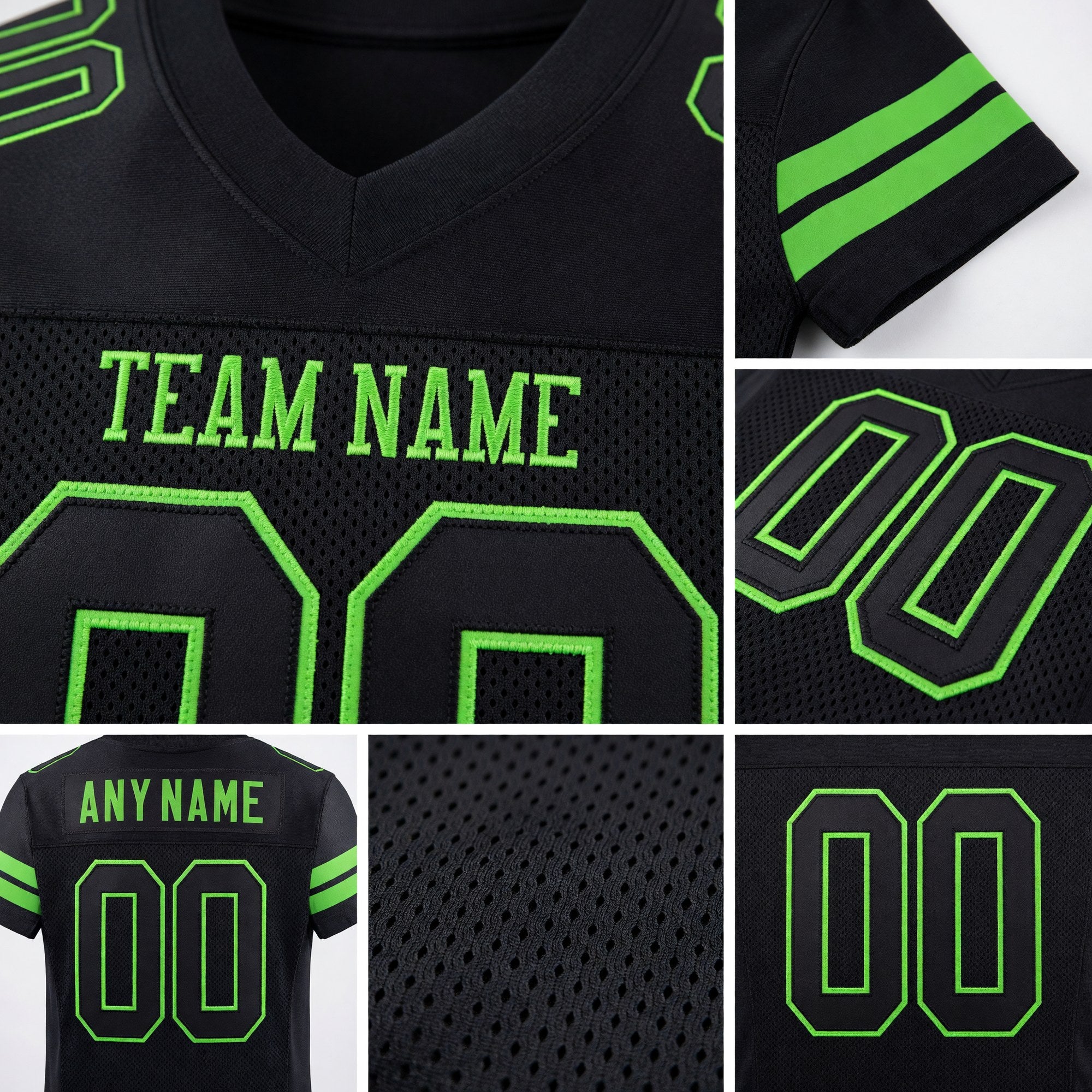 Custom Black Black-Neon Green Mesh Authentic Football Jersey detail