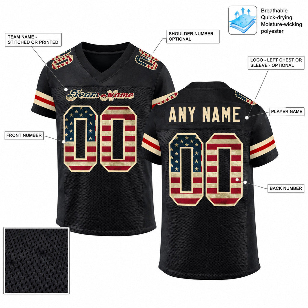 Custom Black Vintage USA Flag Mesh Authentic Football Jersey with Cream Lettering Design 0527 customization guide