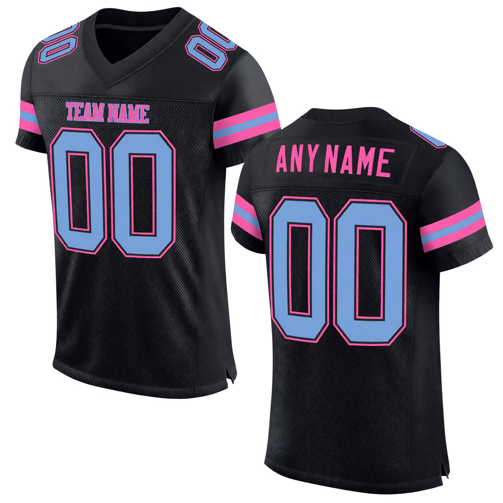 Custom Black Light Blue-Pink Mesh Authentic Football Jersey