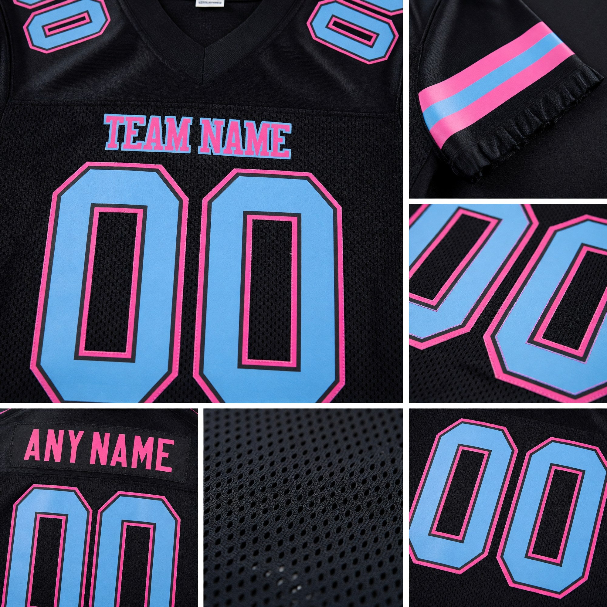 Custom Black Light Blue-Pink Mesh Authentic Football Jersey detail